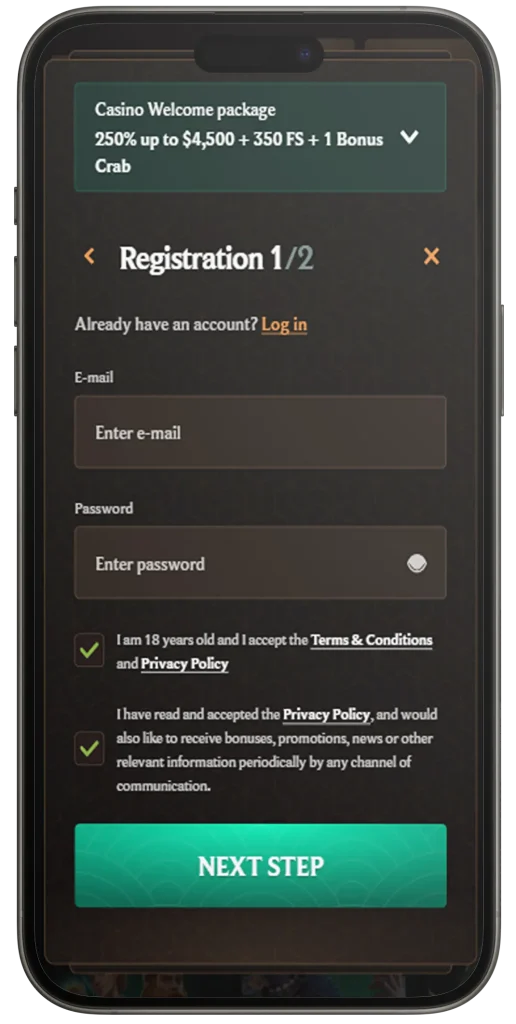 Registration via Mobile Version of the Casino