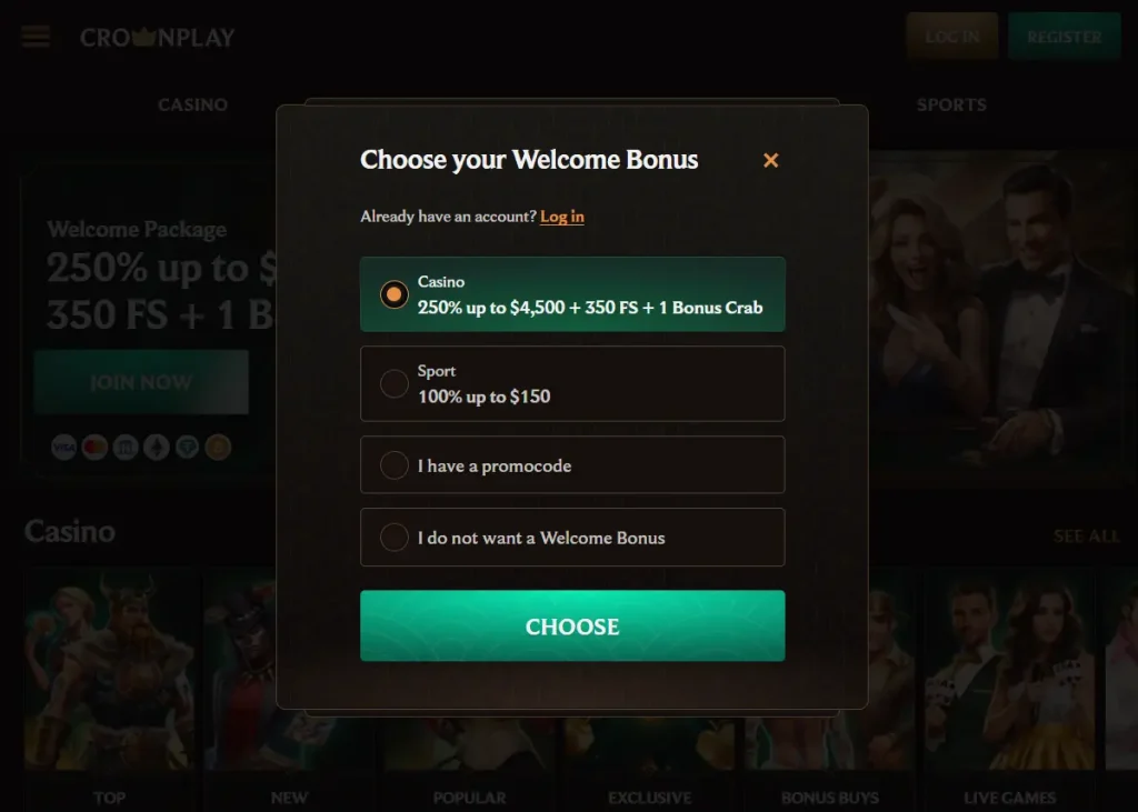 Welcome Bonus Options during Sign Up