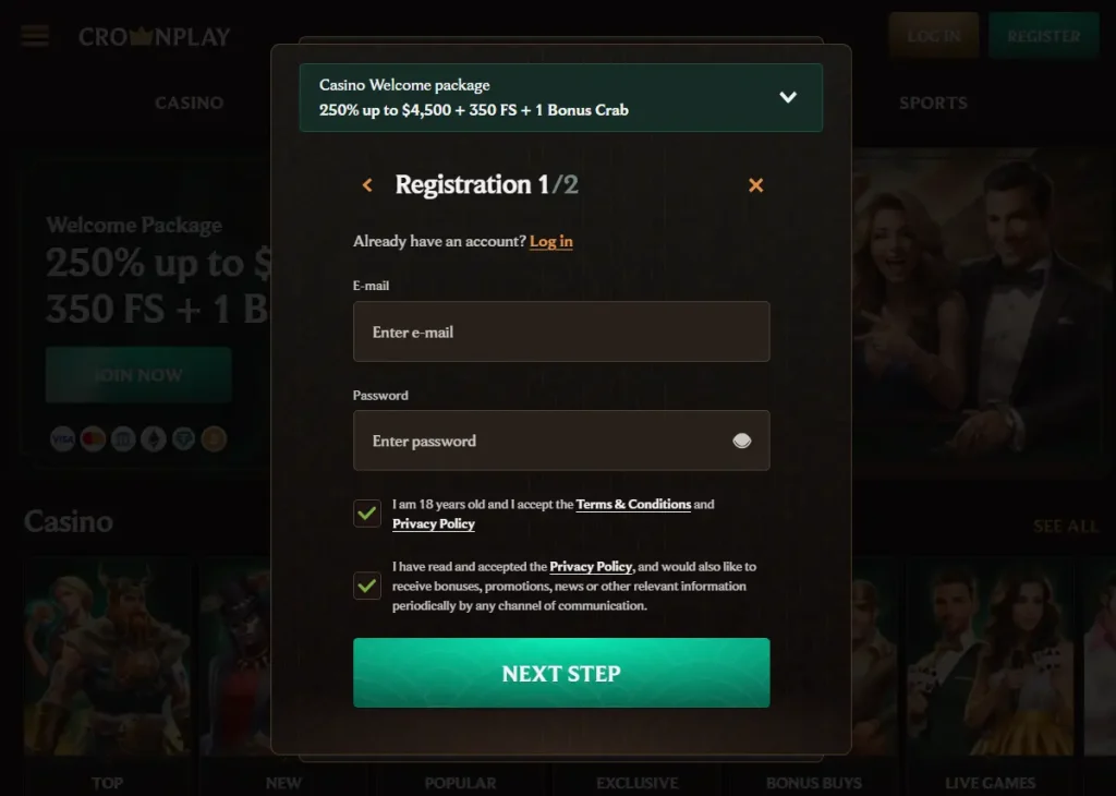 Registration before Crown Play Casino Login